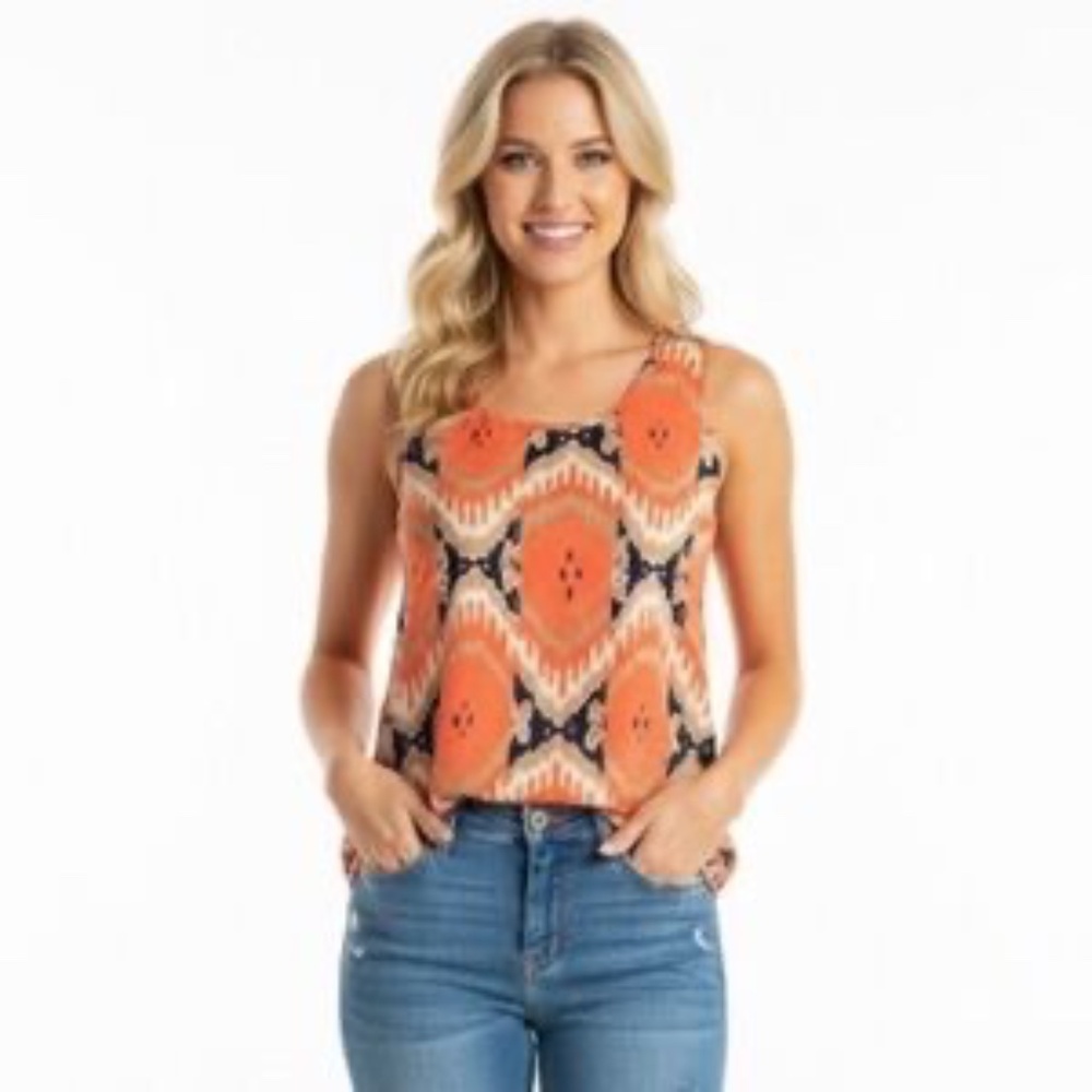 The Royal Standard Boho Sleeveless Top Orange Print L Hi-Low EUC